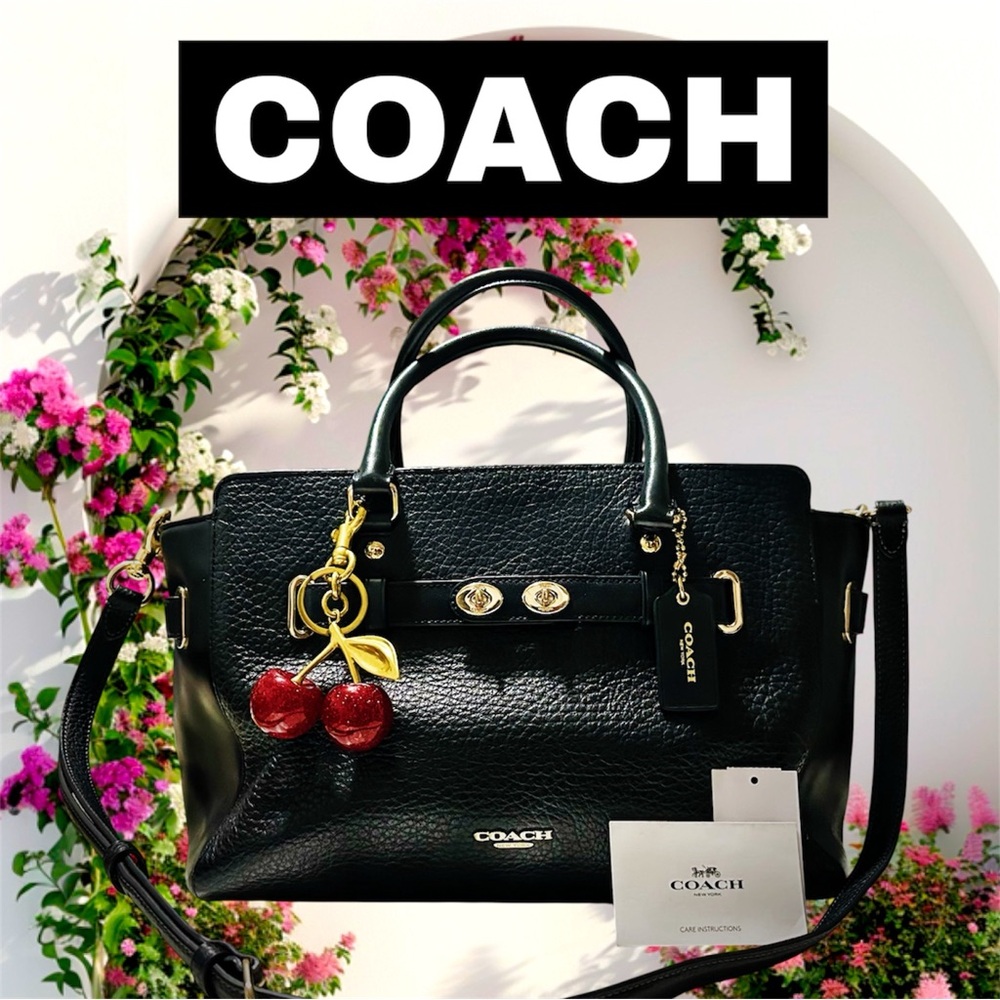 COACH soho Black Leather Carryall crossbody bag Satchel with Red Cherry Charm - Picture 6 of 17